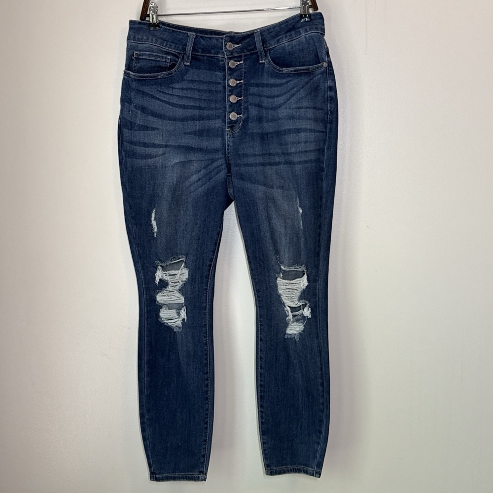 Judy Blue High Rise Distressed Skinny Jean Medium Wash Button Fly 14W Distressed